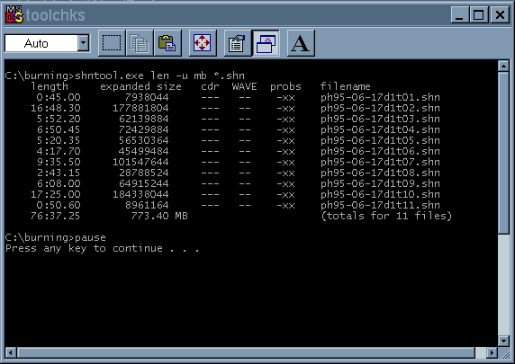 screenshot:  Shntool: disc length MB (b)
